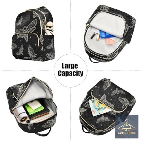 Mini Backpack Daypack with Skull Butterfly Design, 6 Pockets, Water Resistant main image 6